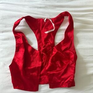 ARE YOU AM I Red Satin Halter Tie Front Top